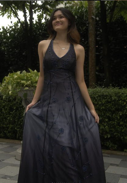 Vintage A Line V Neck Beads Satin Long Prom Dress Evening Dress DP1389