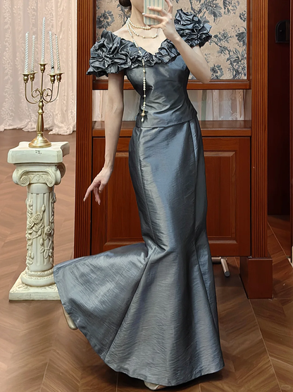 Vintage Unique Mermaid V Neck Grey Satin Long Prom Dress DP4823