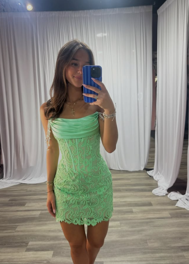 Green Sheath Beaded Straps Satin Lace Short Prom Dress Homecoming Dress DP7124