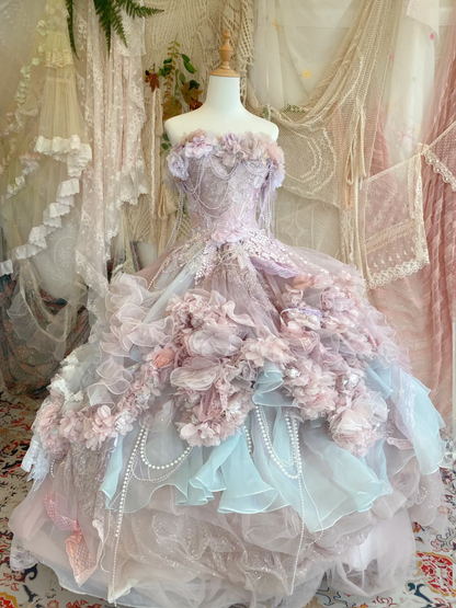 Purple Exquisite Ball Gown Strapless Floral Beaded Tulle Prom Dress 16th Birthday Dress DP3763