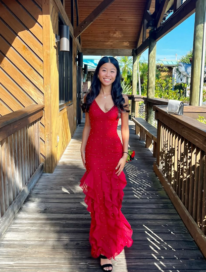 Red Exquisite Beaded Ruffle Flowy Chiffon Formal Party Dress Prom Dress Date Dress DP3003