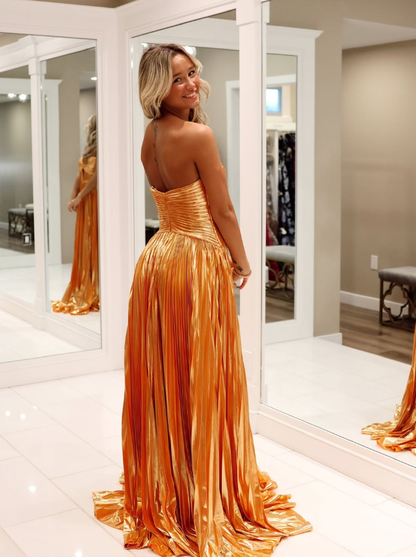 Stunning A Line Sweetheart Neck Orange Satin Long Prom Dress Evening Dress DP1852
