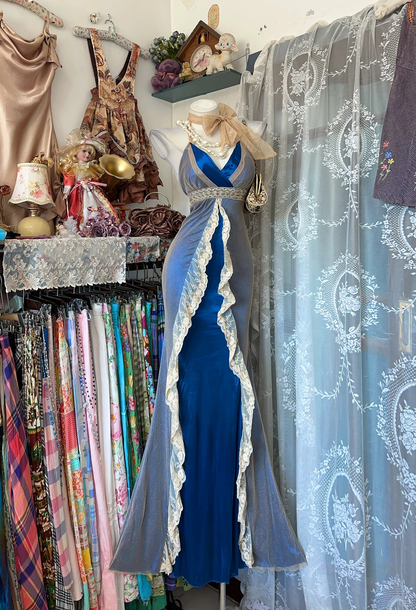 Vintage Mermaid Spaghetti Strap Navy Blue Satin Tulle Prom Dress Evening Dress DP8253
