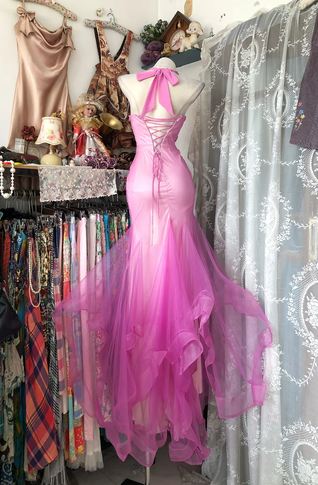 Vintage Pink Mermaid Halter Beaded Tulle Prom Dress Evening Dress DP8250