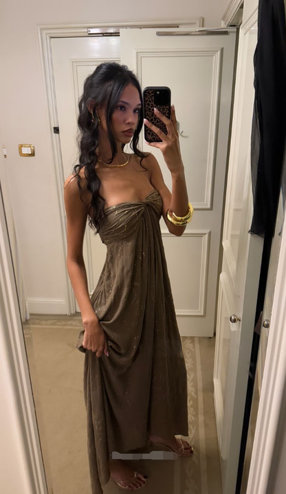 Brown A Line Sweetheart Neck Sequin Satin Prom Dress Evening Dress DP7174