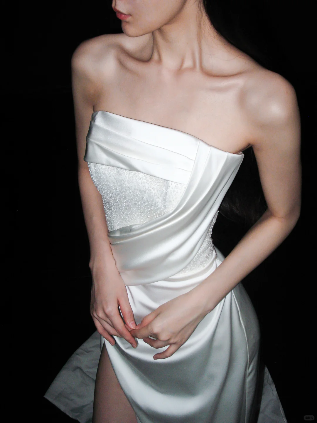 Pretty White Exquisite Beaded Sheath Strapless Satin Slit Long Wedding Dress DP6378