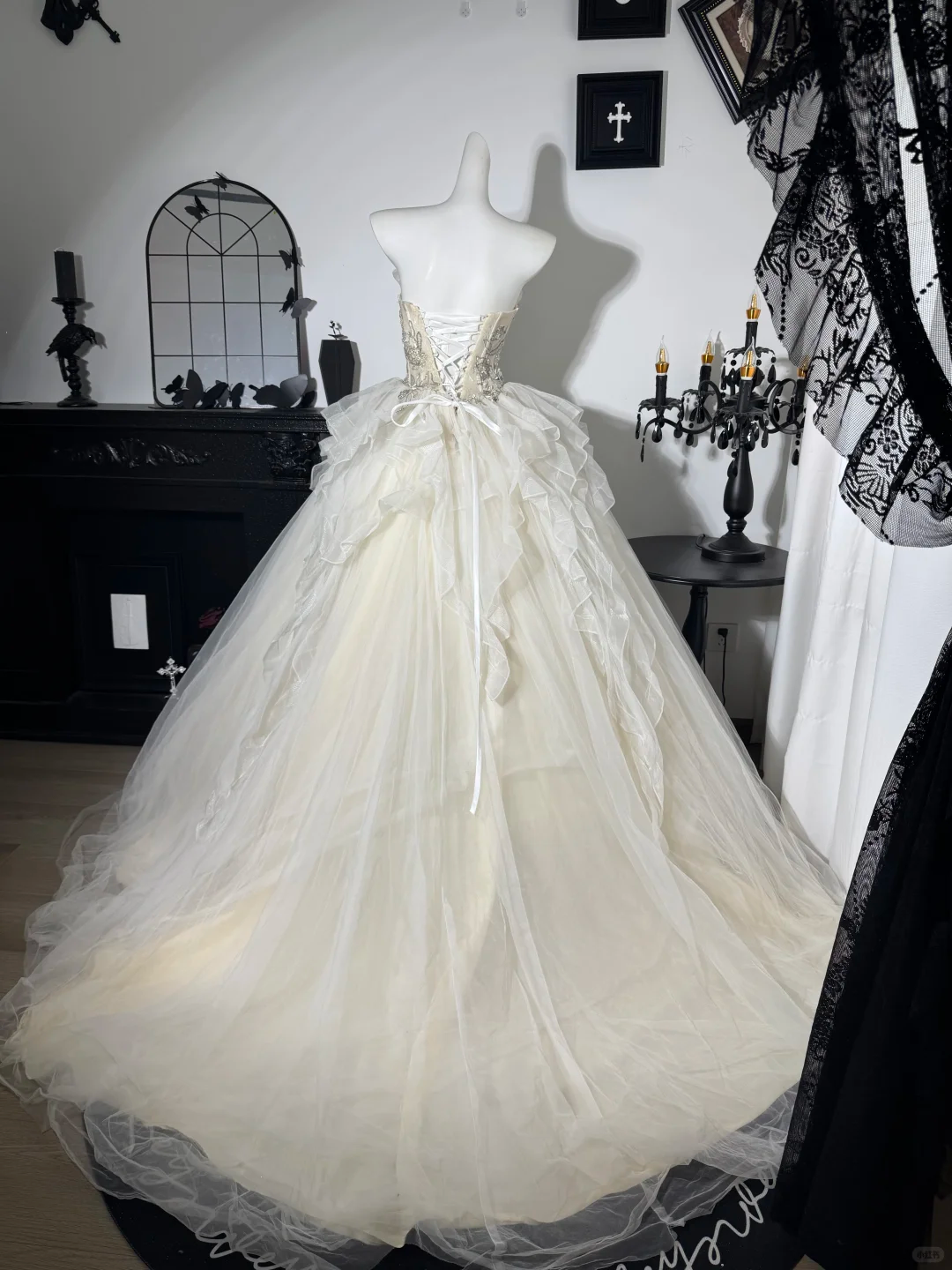 Apricot A Line Strapless Beaded Ruffle Tulle Prom Dress Evening Dress DP6983