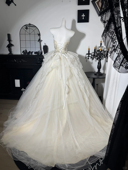Apricot A Line Strapless Beaded Ruffle Tulle Prom Dress Evening Dress DP6983