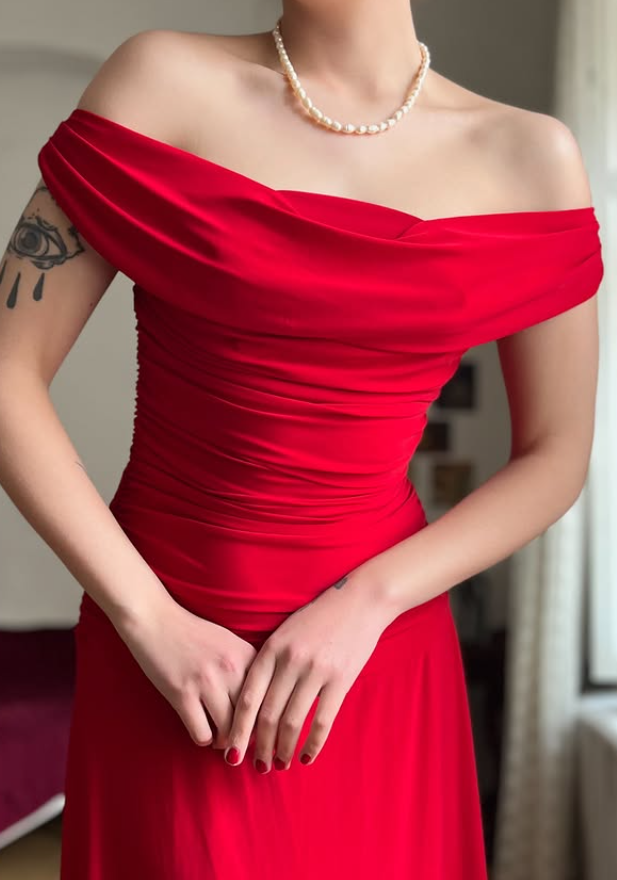 Simple Red A Line Pleated Satin Prom Dress Evening Dress Date Dress DP5709