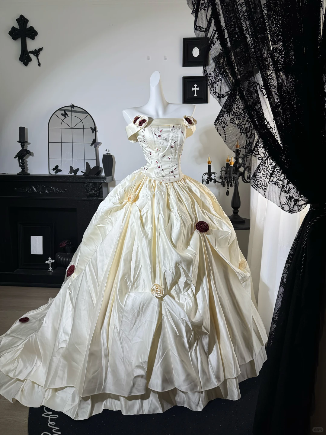 Vintage A Line Off the Shoulder 3D Floral Satin Prom Dress Evening Dress DP6984