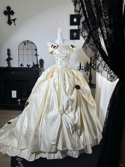 Vintage A Line Off the Shoulder 3D Floral Satin Prom Dress Evening Dress DP6984