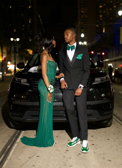 Sexy Sheath Strapless Beaded Corset Black Tulle Ball Gown Graduation Prom Dress DP4842