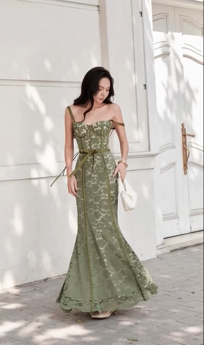 Green Mermaid Spaghetti Strap Lace Long Prom Dress Party Dress Outfits DP4529