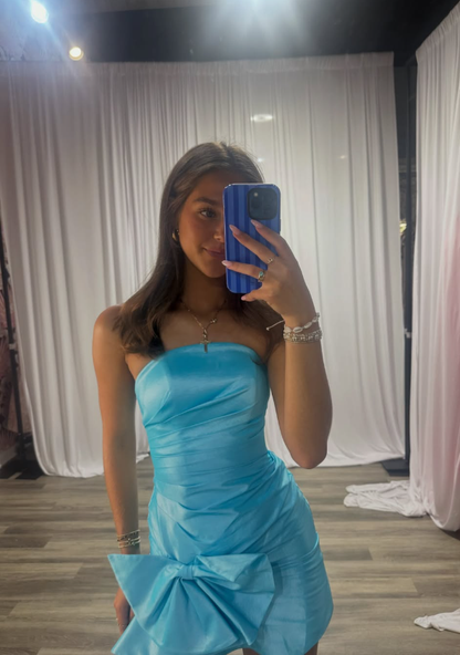 Blue Bow Sheath Strapless Satin Short Prom Dress Homecoming Dress DP7125