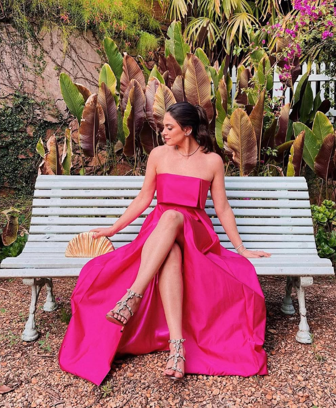 Hot Pink A Line Strapless Satin Prom Dress Evening Dress with Slit DP1618