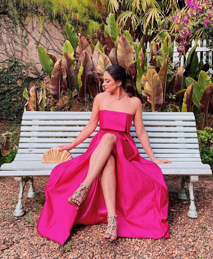Hot Pink A Line Strapless Satin Prom Dress Evening Dress with Slit DP1618