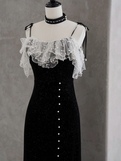 Black Velvet Beaded Sheath Midi Prom Dress Evening Dress DP056