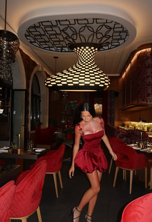 Burgundy Bow A Line Spaghetti Strap Satin Short Homecoming Dress Birthday Dress DP3680