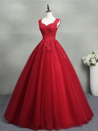 Pretty Red Tulle Appliques Ball Gown Formal Prom Dress Quinceanera Dress DP062