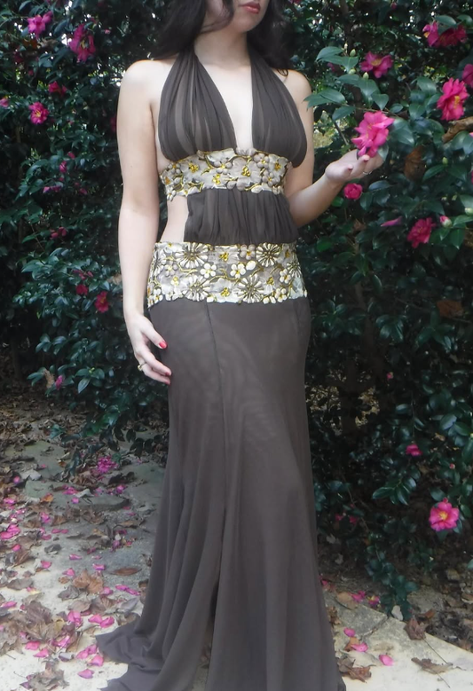 Vintage Mermaid  Appliques Brown Tulle Long Prom Dress Evening Dress DP1401
