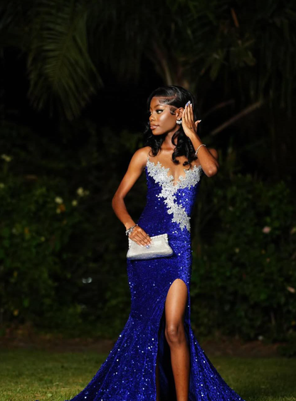 Royal Blue Mermaid Strapless Beaded Sequin Velvet Long Prom Dress with Slit DP5058