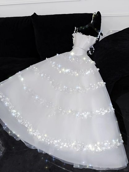 Fairy A Line Spaghetti Strap Flower White Satin Tulle Party Dress Prom Dress DP2565