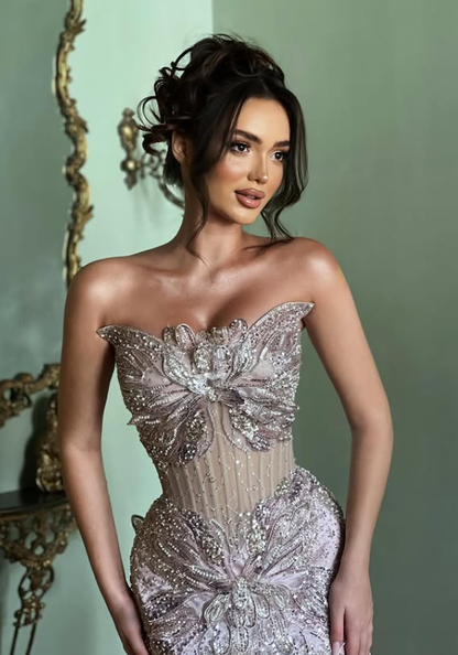 Dazzling Sheath Strapless Purple Butterfly Beaded Sequin Long Prom Dress Evening Dress DP6066