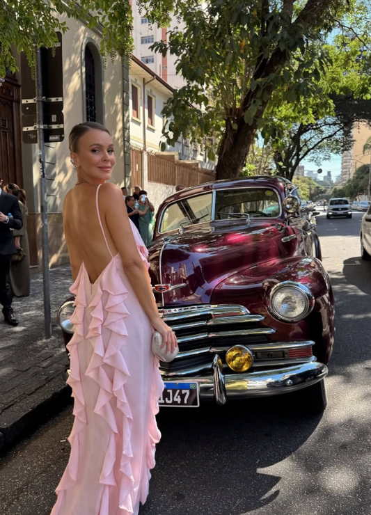 Pink A Line Spaghetti Strap Ruffle Chiffon Vacation Dress Party Dress Evening Dress Outfits DP3379