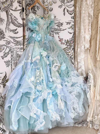 Unique Blue Ball Gown Off the Shoulder Floral Exquisite Beaded Tulle Prom Dress DP3820