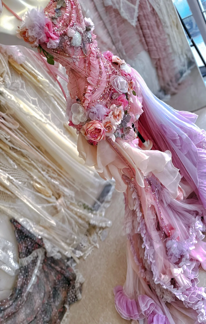 Unique Pink Mermaid Halter Exquisite Floral Chiffon Long Sweep Prom Dress Evening Dress Party Dress DP2973