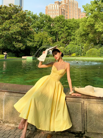 Yellow A Line Spaghetti Strap Satin Prom Dress 16th Birthday Dress DP3963