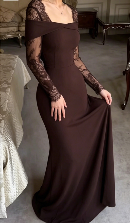 Elegant Brown Sheath Long Sleeve Lace Satin Prom Dress Date Dress DP5102