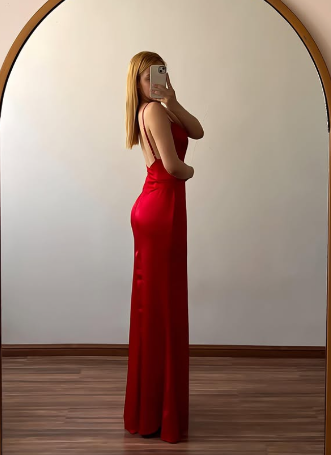 Pretty Mermaid Spaghetti Strap Red Satin Backless Prom Dress Evening Dress DP6493