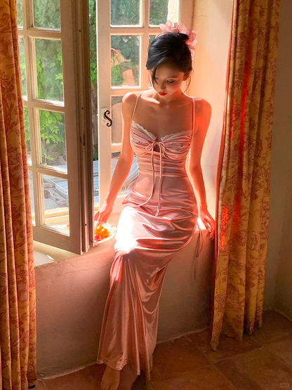 Peaches Pink Sheath Spaghetti Strap Satin Long Prom Dress Evening Dress DP3871