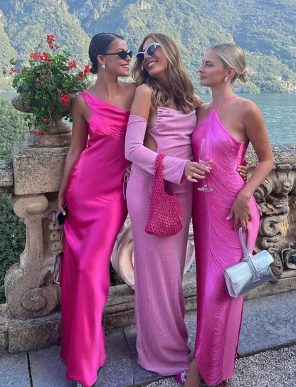 Elegant Hot Pink Sheath Satin Long Evening Dress Prom Dress DP1299