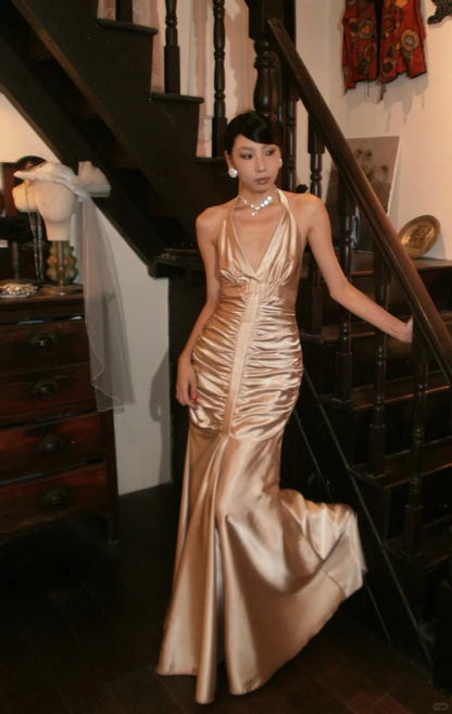 Vintage Champagne Gold Mermaid Halter Pleated Satin Prom Dress Evening Dress DP5144