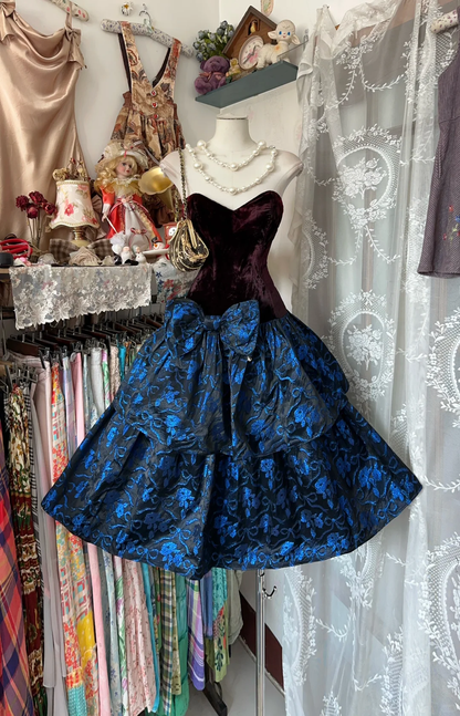 Vintage A Line Blue Print Floral Velvet Tea Length Prom Dress Evening Dress DP5418