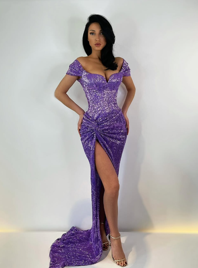 Sexy Purple Sheath Off the Shoulder Shiny Sequin Long Prom Dress Evening Dress DP5191