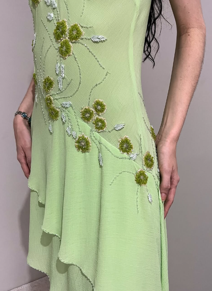 Vintage A Line Spaghetti Strap Beaded Green Chiffon Open Back Prom Dress Evening Dress DP2138