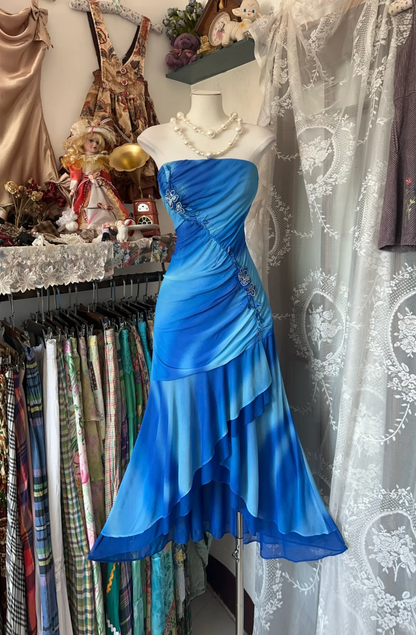 Blue Ombre Vintage Mermaid Strapless Applique Chiffon Tea Length Prom Dress Outfits DP5006