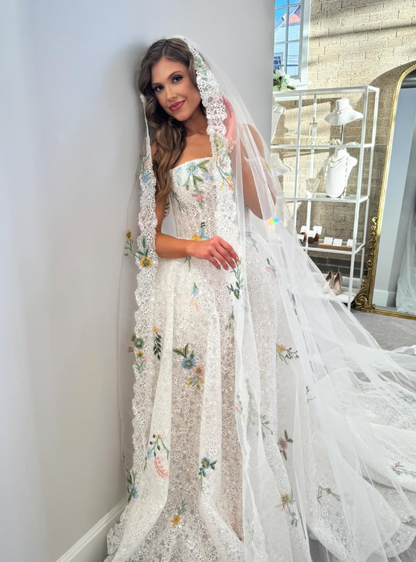 Stunning A Line Strapless Colorful Floral Lace Wedding Dress DP5300