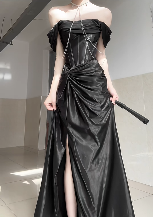 Elegant Black Mermaid Off the Shoulder Satin Slit Prom Dress Graduation Ball Gown DP4562