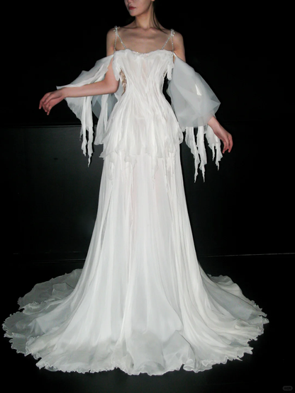 Graceful Flowing A Line Beaded White Chiffon Long Wedding Dress DP5207