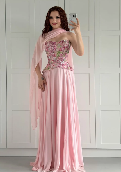 Pink A Line Strapless Exquisite Embroidery Chiffon Long Prom Dress Evening Dress DP6925