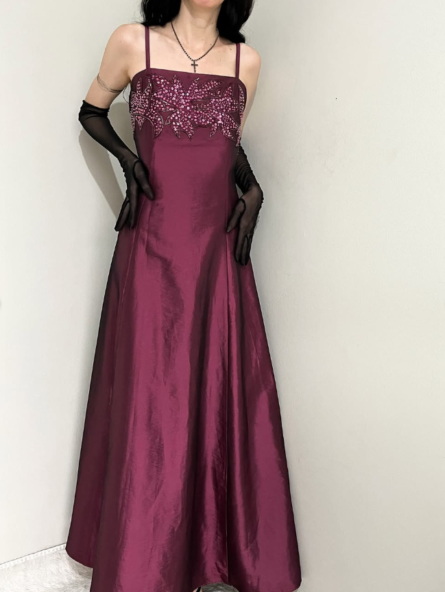 Vintage A Line Spaghetti Strap Sequin Beaded Satin Prom Dress Graduation Prom Dress DP2256