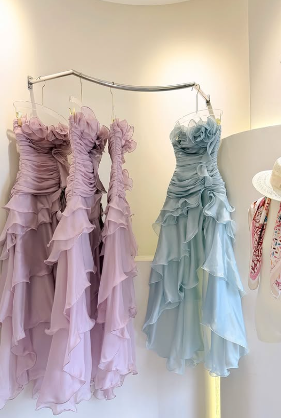 Stunning A Line Strapless Ruffle Pink Chiffon Prom Dress Evening Dress with Slit DP5916