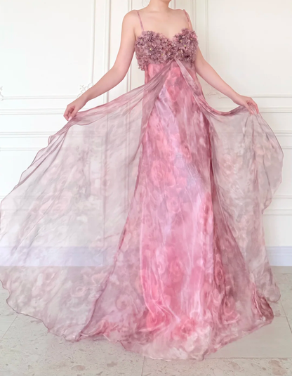 Pink Print Floral A Line Straps Chiffon Long Prom Dress Evening Dress DP5471