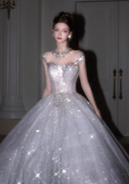 Stunning Shiny Ball Gown Exquisite Beaded White Tulle Long Prom Dress DP4921