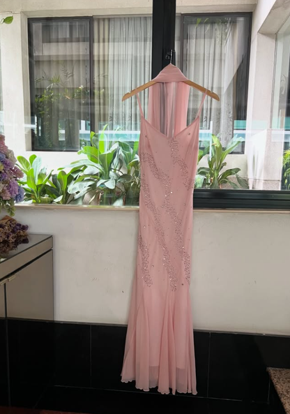 Vintage Pink Mermaid Beaded Chiffon Prom Dress Party Dress Date Dress DP4449
