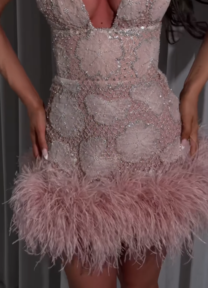 Glamorous Light Pink A Line V Neck Feather Tulle Short Prom Dress Homecoming Dress DP6208